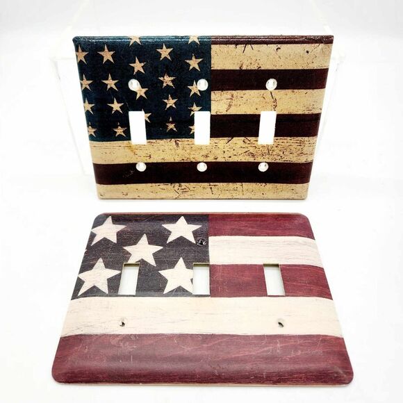 Set of 2 American Flag Patriotic Light Switch Plate Covers Primitive 3 Gang - Picture 2 of 12